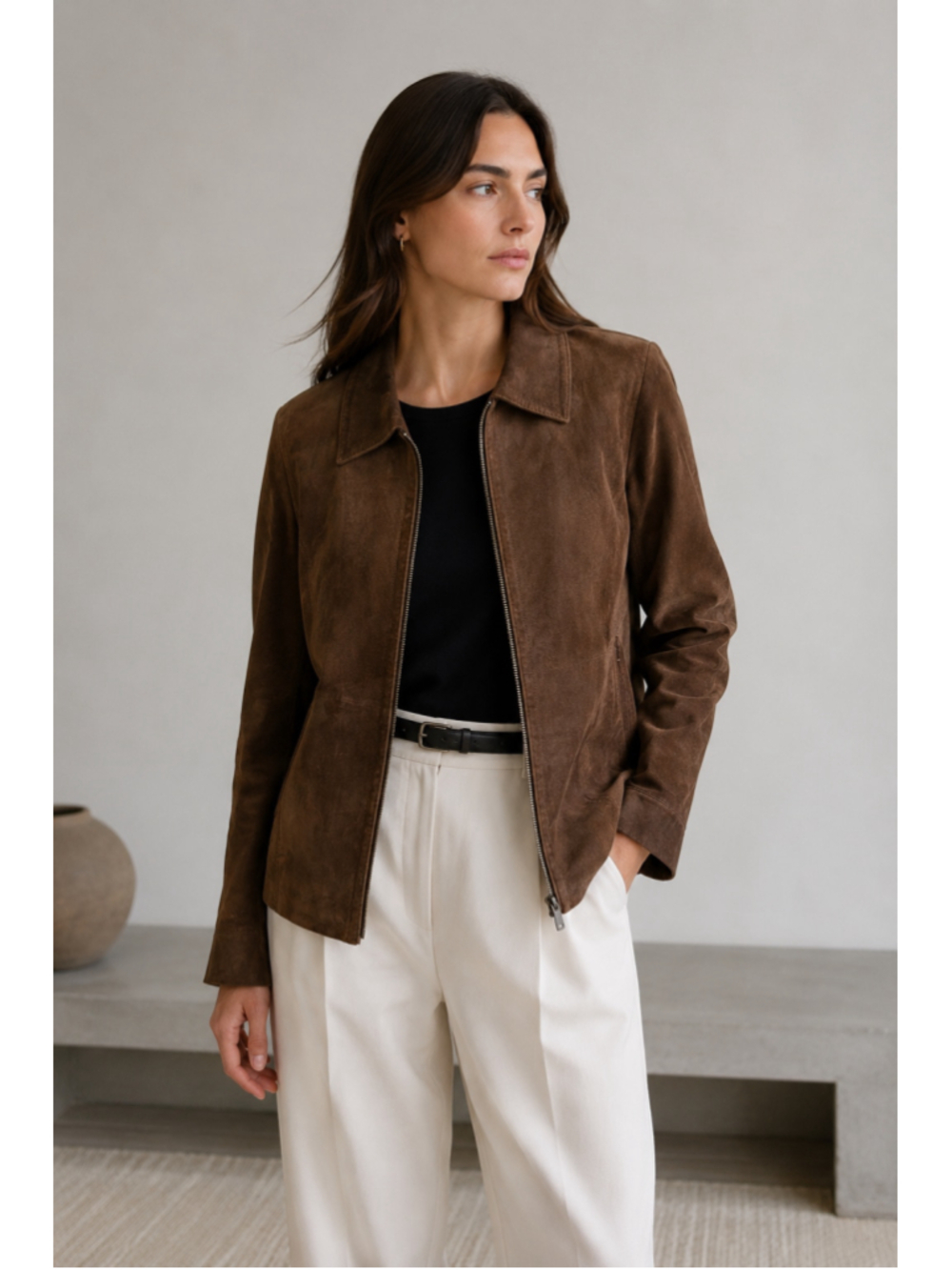 Liz Claiborne Chocolate Brown 100% Suede Leather Jacket M Vintage Y2K Zip Front